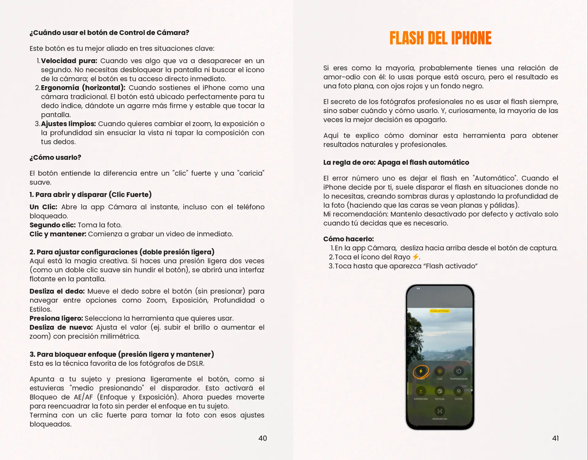 Páginas del manual: botón de control de cámara y flash del iPhone
