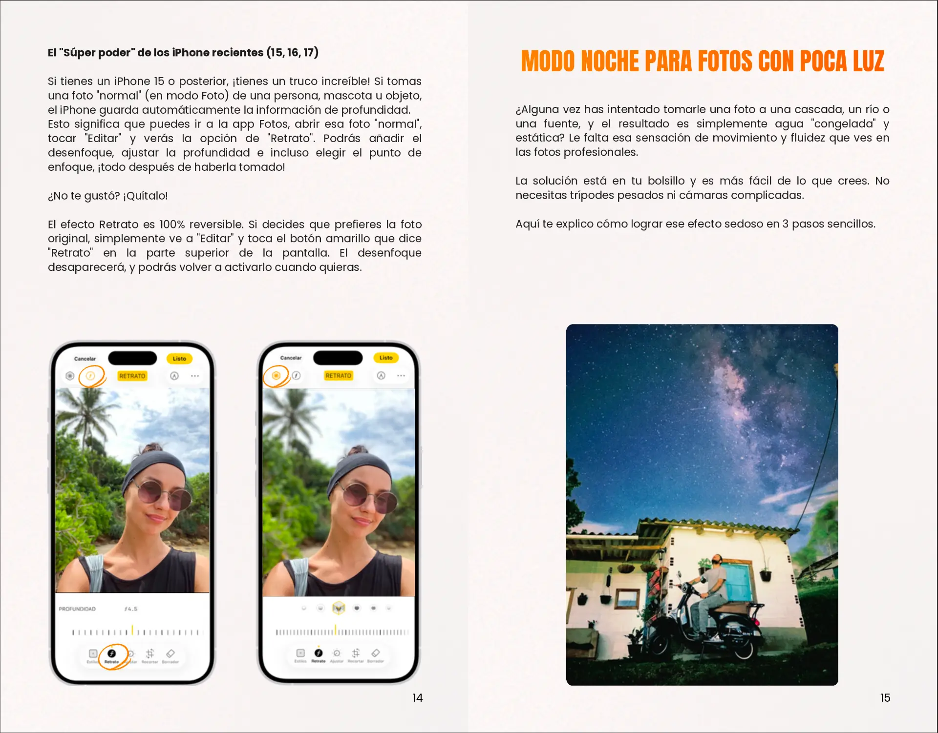 Páginas del manual: modo retrato y modo noche con poca luz
