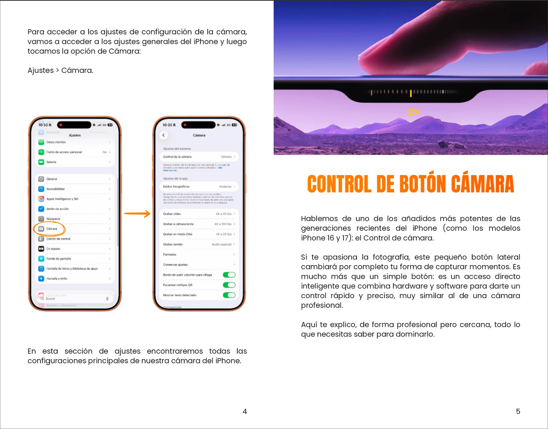 Páginas del manual: ajustes de la cámara y control del botón de cámara